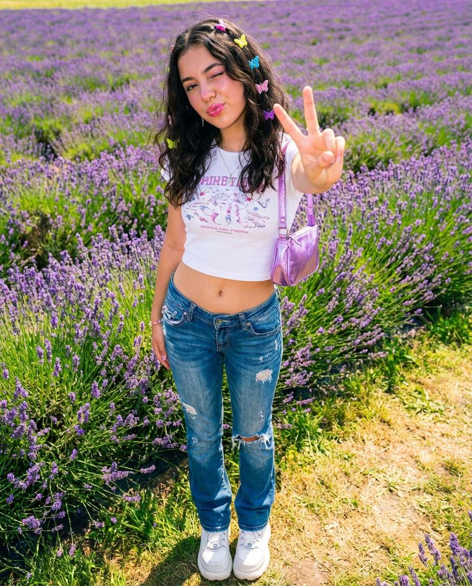 Y2K Pop Lavender AI portrait example — AI Lavender Field Photo
