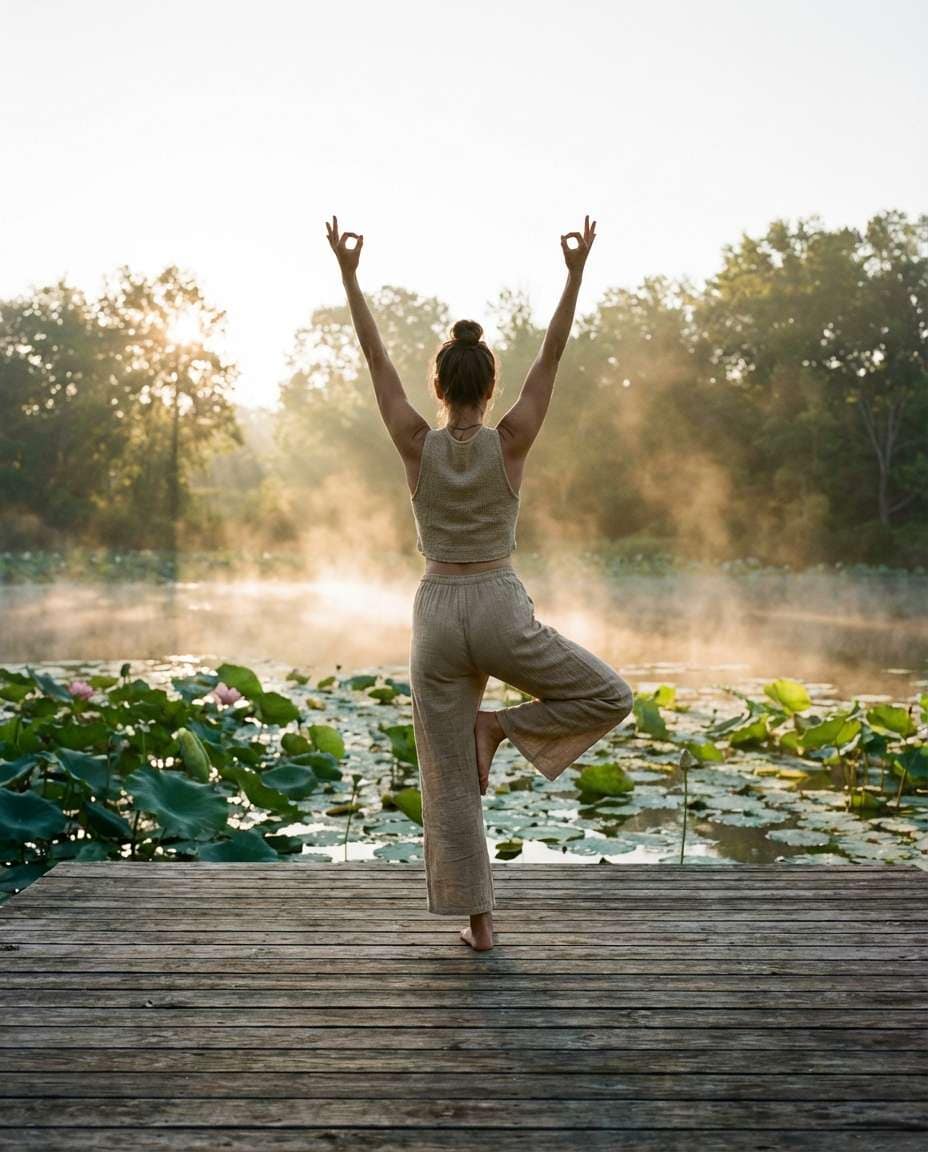 Yoga By Lotus Water AI portrait example — AI Lotus Flower Photo Prompt
