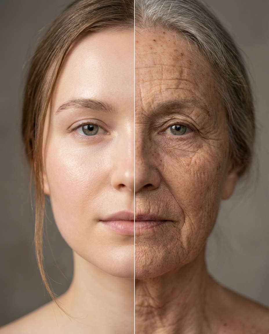 Young vs Old Face AI portrait example — Gemini AI Half Face Prompt