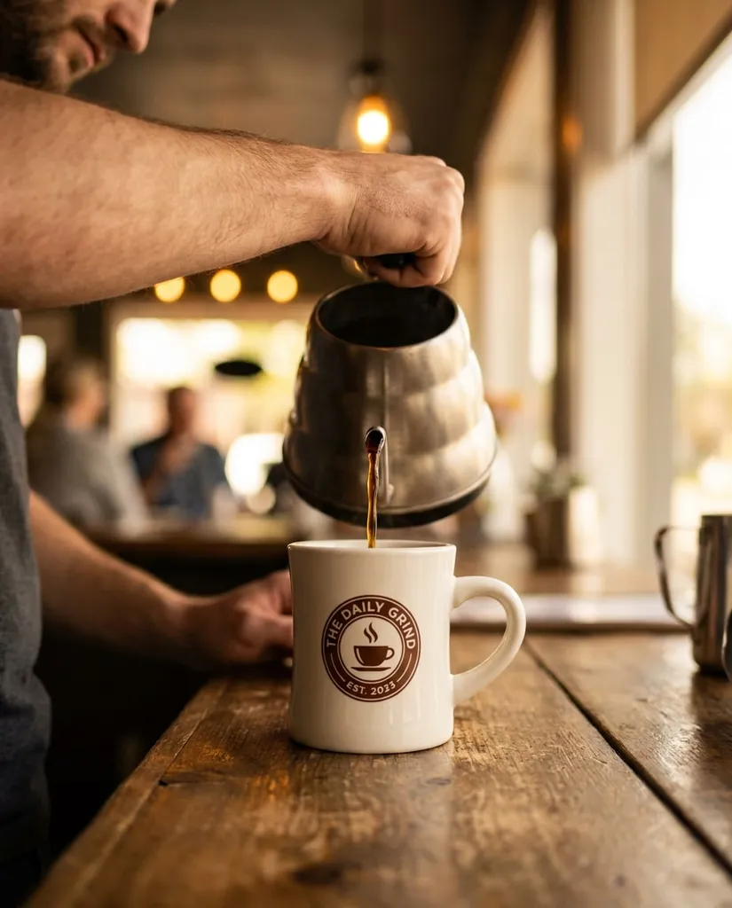 Café Barista Pour AI portrait example — Gemini AI Mug Design prompts