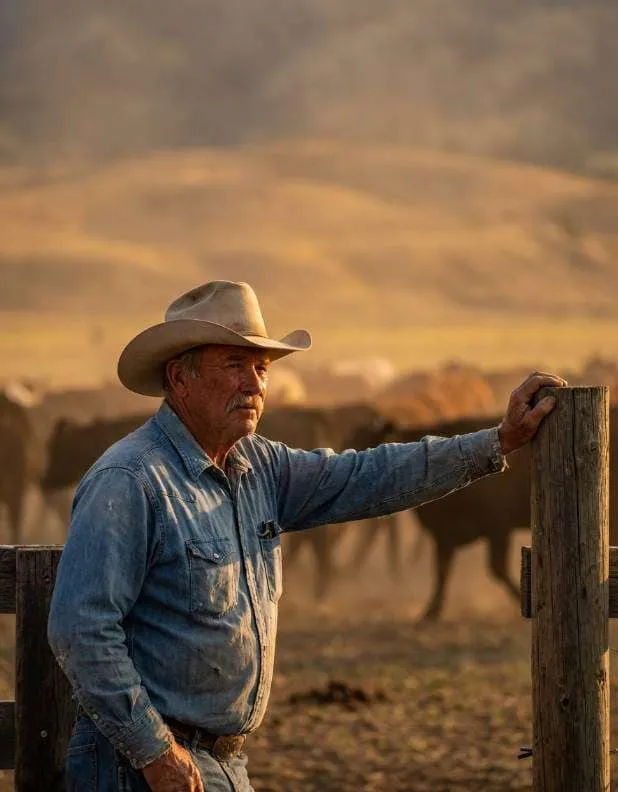 Cattle Fence Sunset AI portrait example — Gemini AI Farmer Photo Prompts