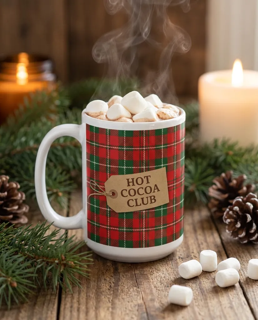 Christmas Plaid Wrap AI portrait example — Gemini AI Mug Design prompts