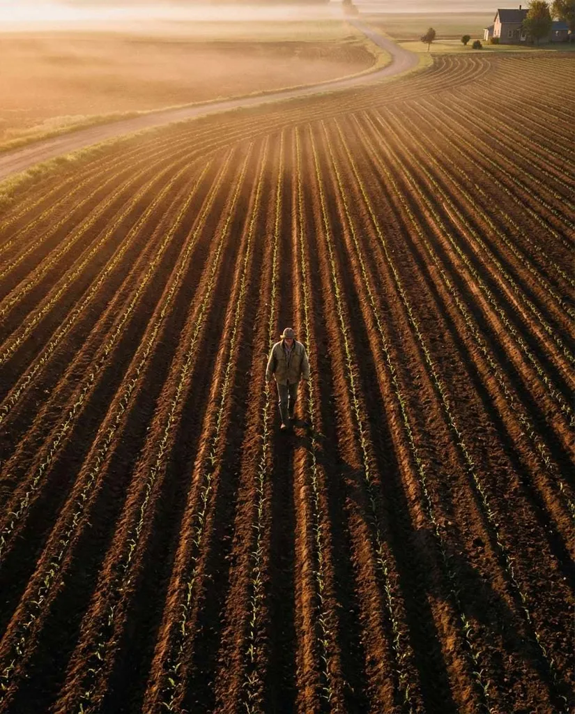Cinematic Drone Angle AI portrait example — Gemini AI Farmer Photo Prompts