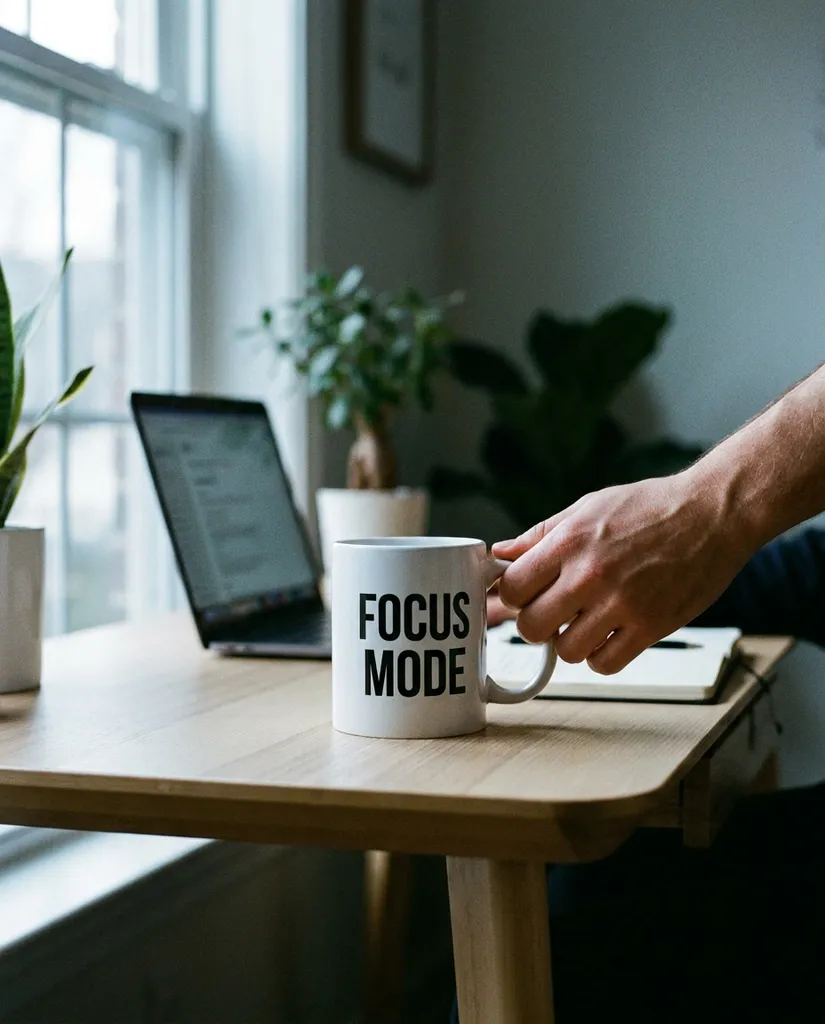 Desk Workspace Sip AI portrait example — Gemini AI Mug Design prompts