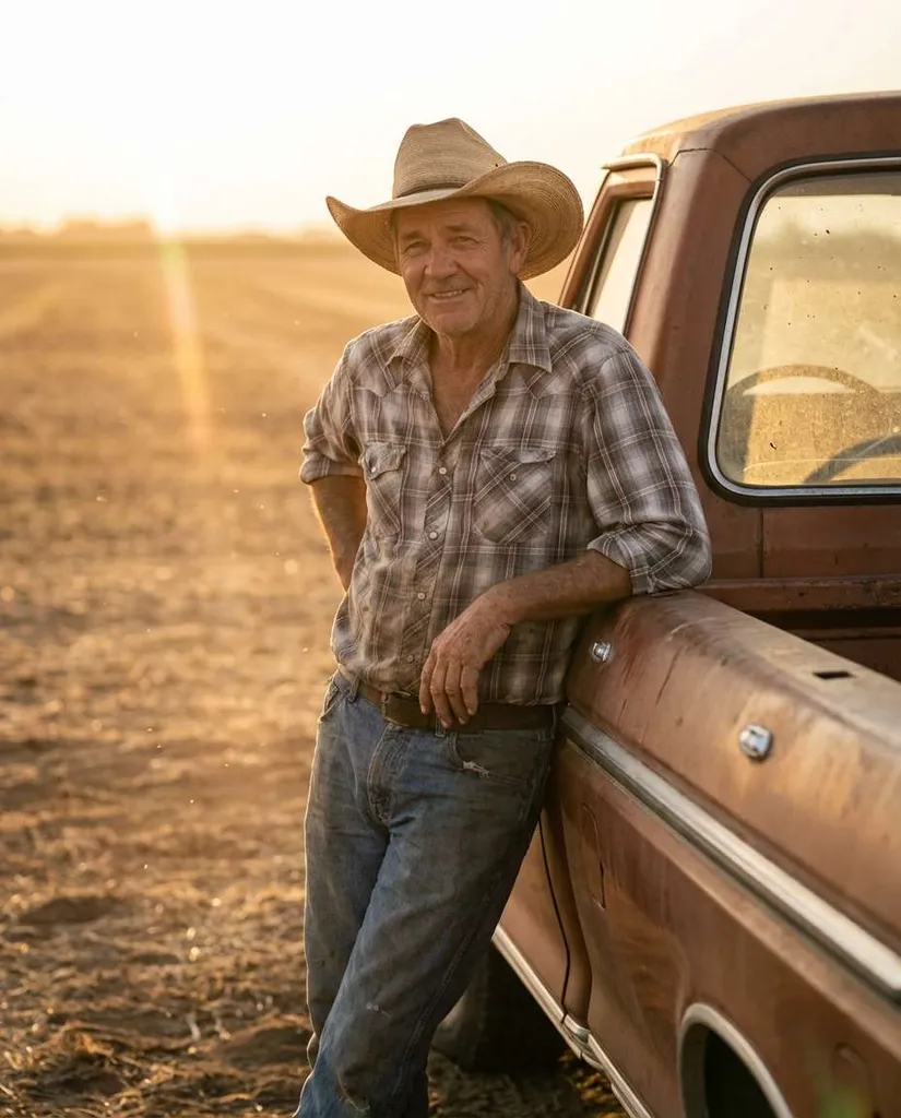 Dusty Pickup Moment AI portrait example — Gemini AI Farmer Photo Prompts