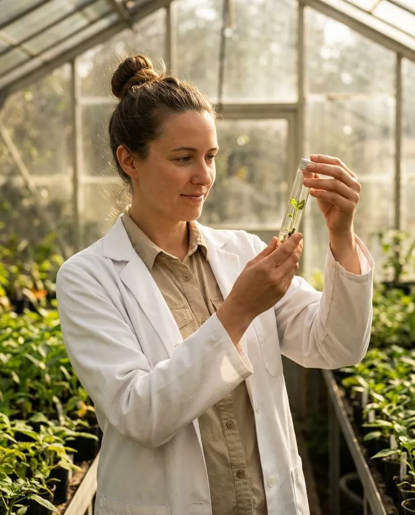 Greenhouse Botanist AI portrait example — Gemini AI Scientist Photo Prompts