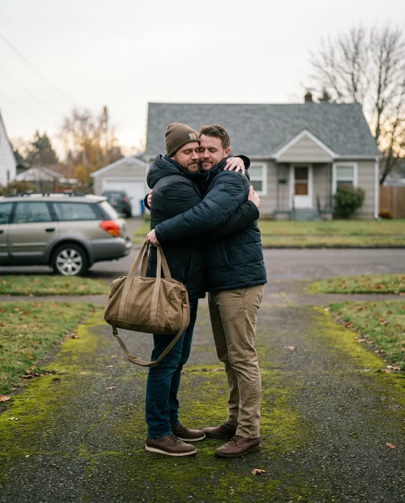 Hug Before Leaving AI portrait example — Gemini Brother Prompts