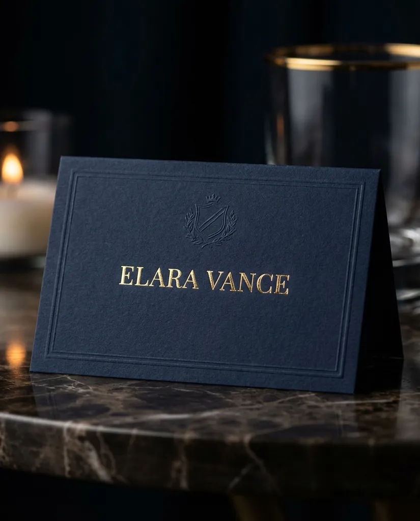 Navy Gold Foil AI portrait example — AI Place Card Prompts