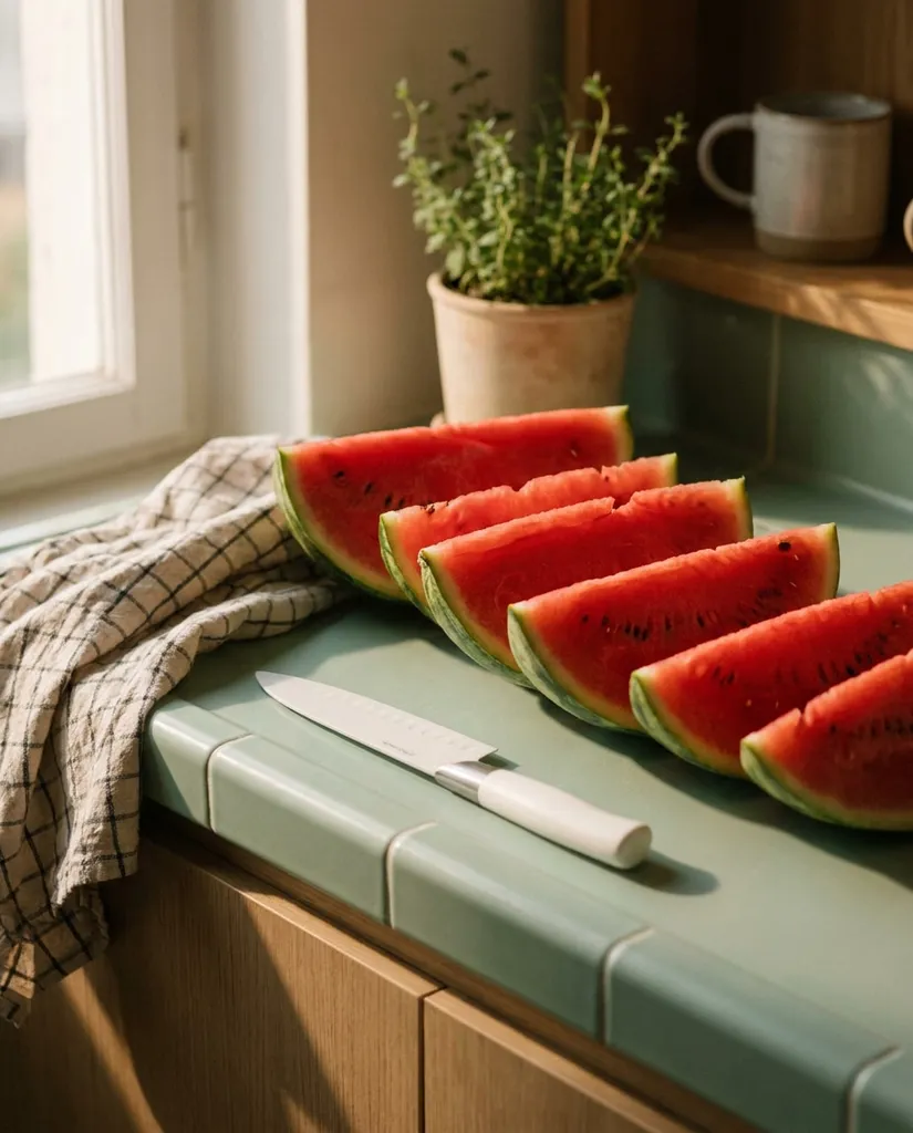 Pastel Kitchen Counter AI portrait example — Copy-Paste Free Gemini and ChatGPT AI Watermelon Image Prompts
