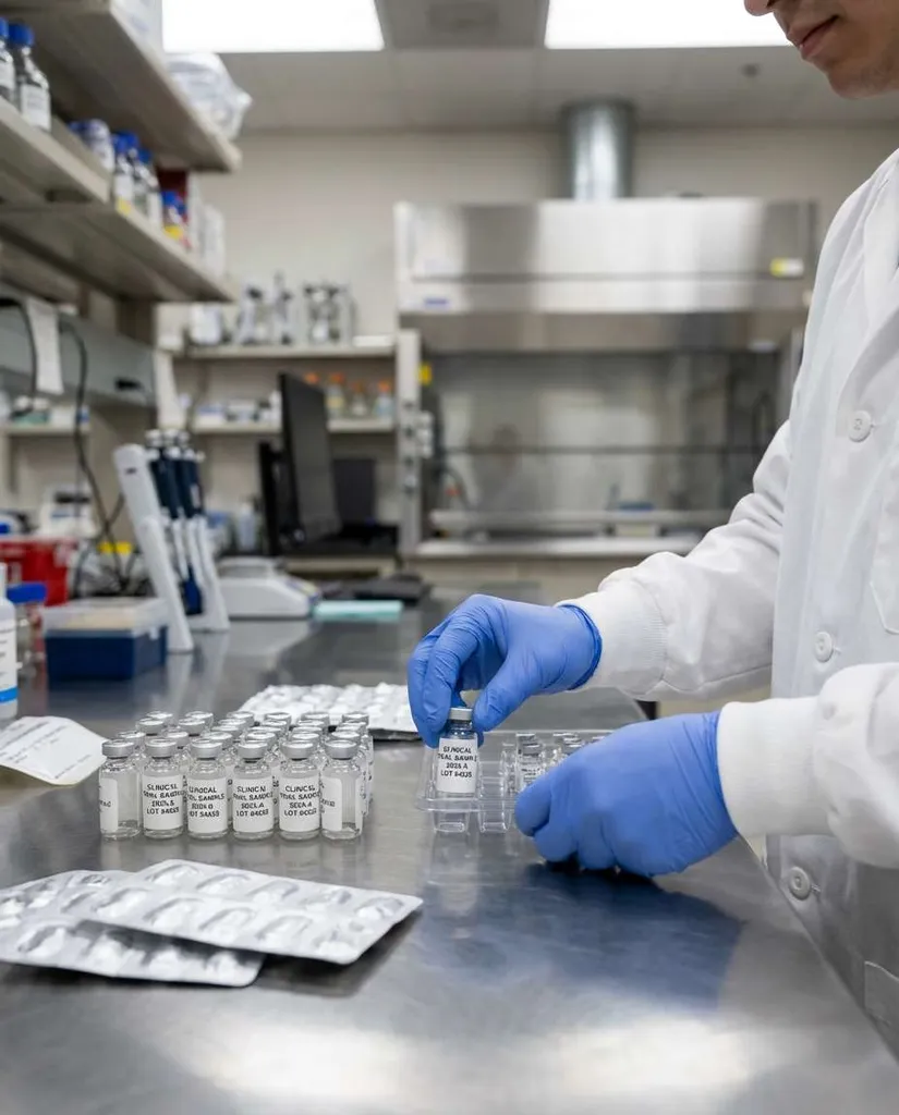 Pharma Research Bench AI portrait example — Gemini AI Scientist Photo Prompts