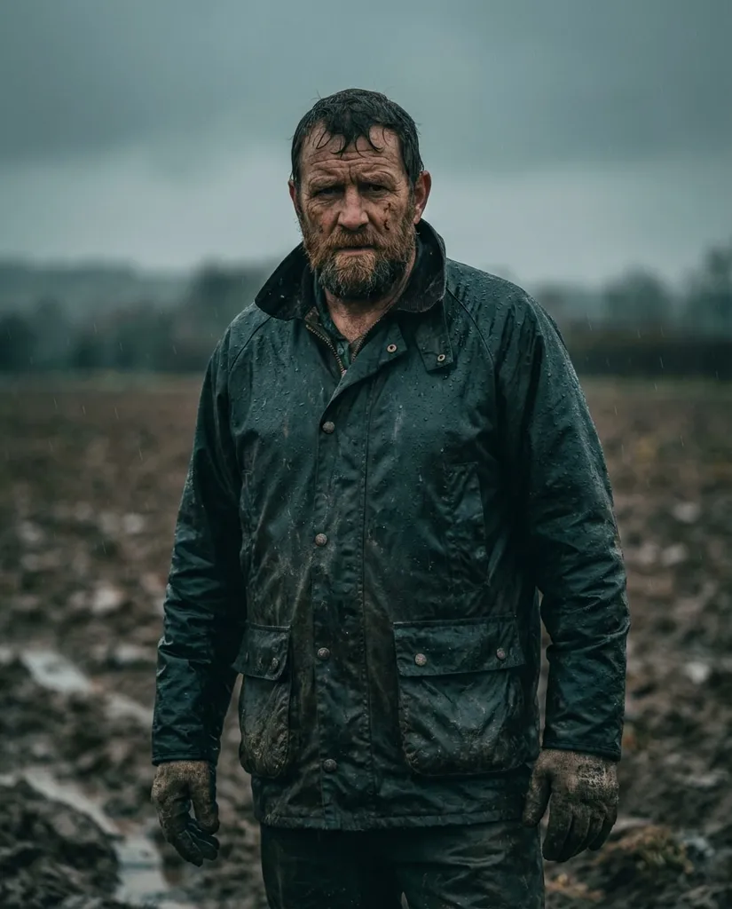 Rainy Field Grit AI portrait example — Gemini AI Farmer Photo Prompts
