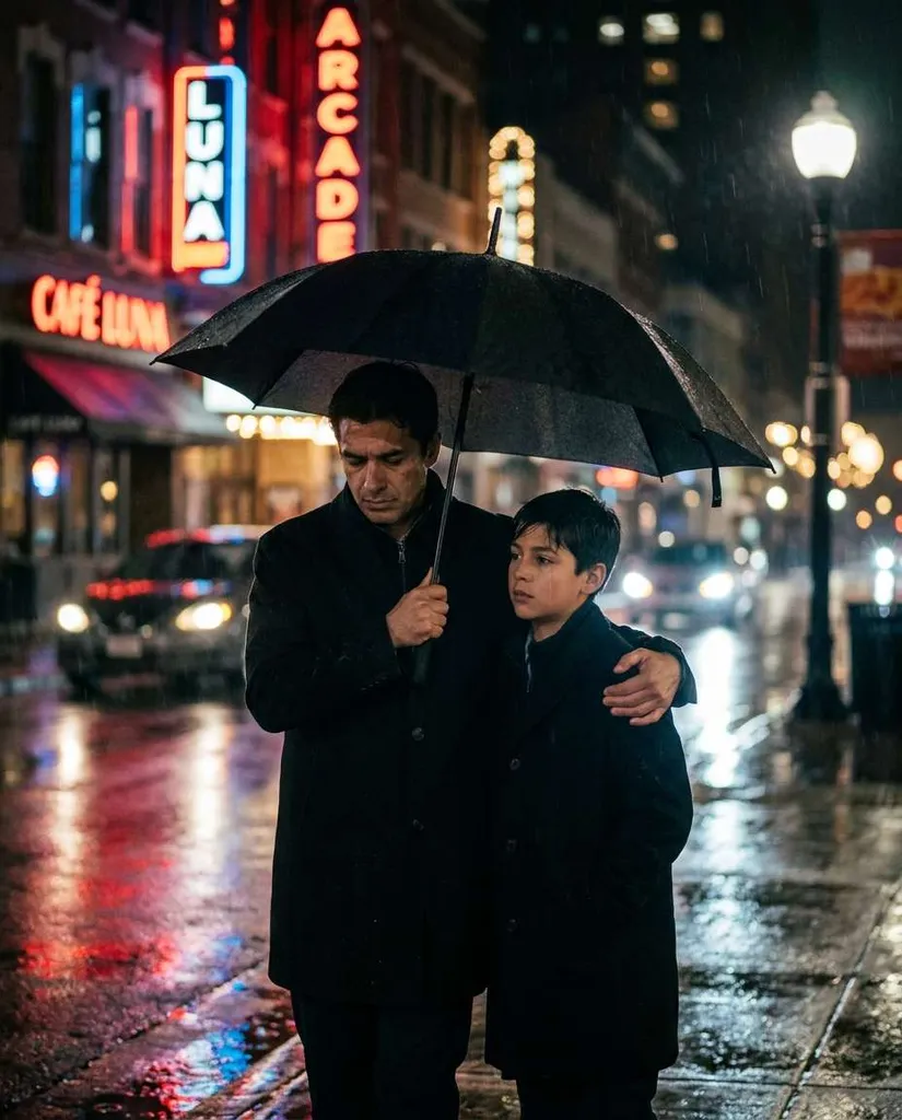 Rainy Street Cinema AI portrait example — Gemini Brother Prompts