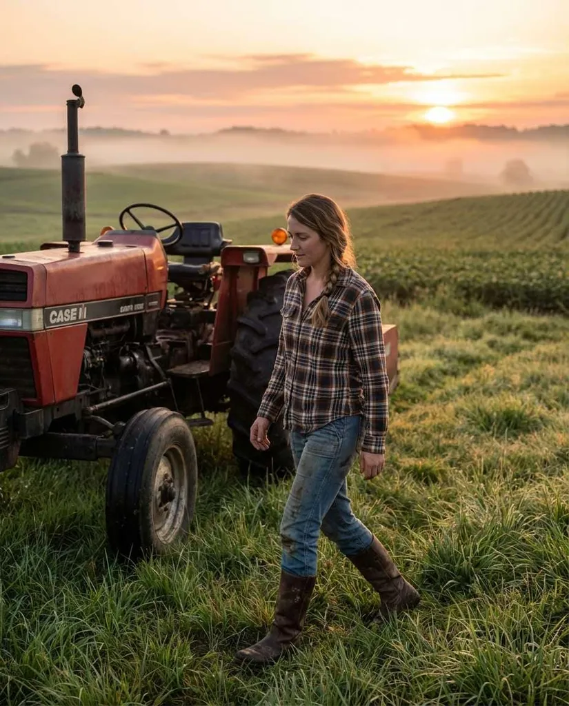 Sunrise Tractor Walk AI portrait example — Gemini AI Farmer Photo Prompts