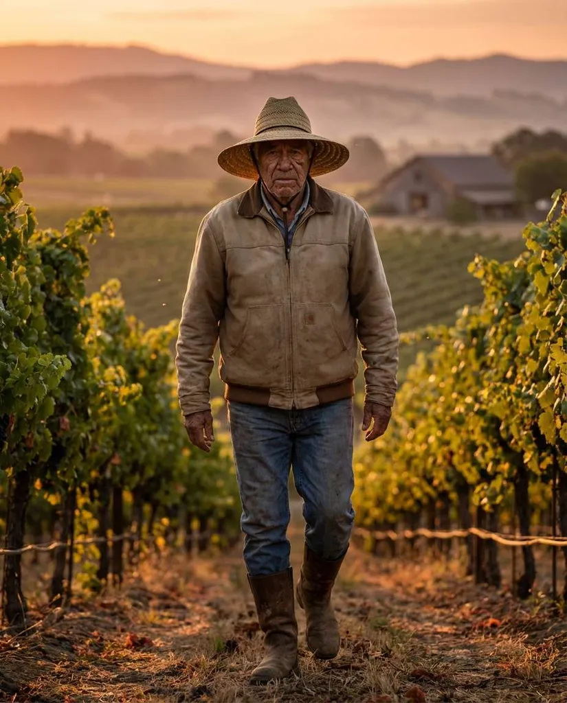 Vineyard Sunset AI portrait example — Gemini AI Farmer Photo Prompts