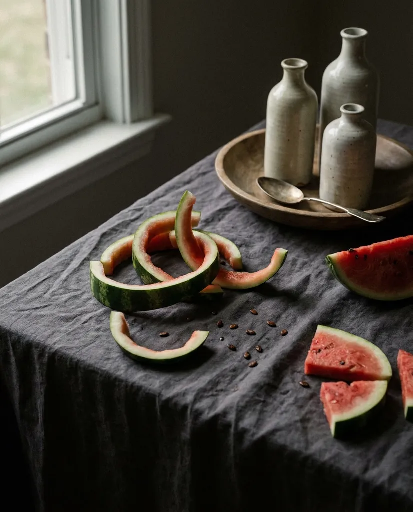 Watermelon Rind Still Life AI portrait example — Copy-Paste Free Gemini and ChatGPT AI Watermelon Image Prompts