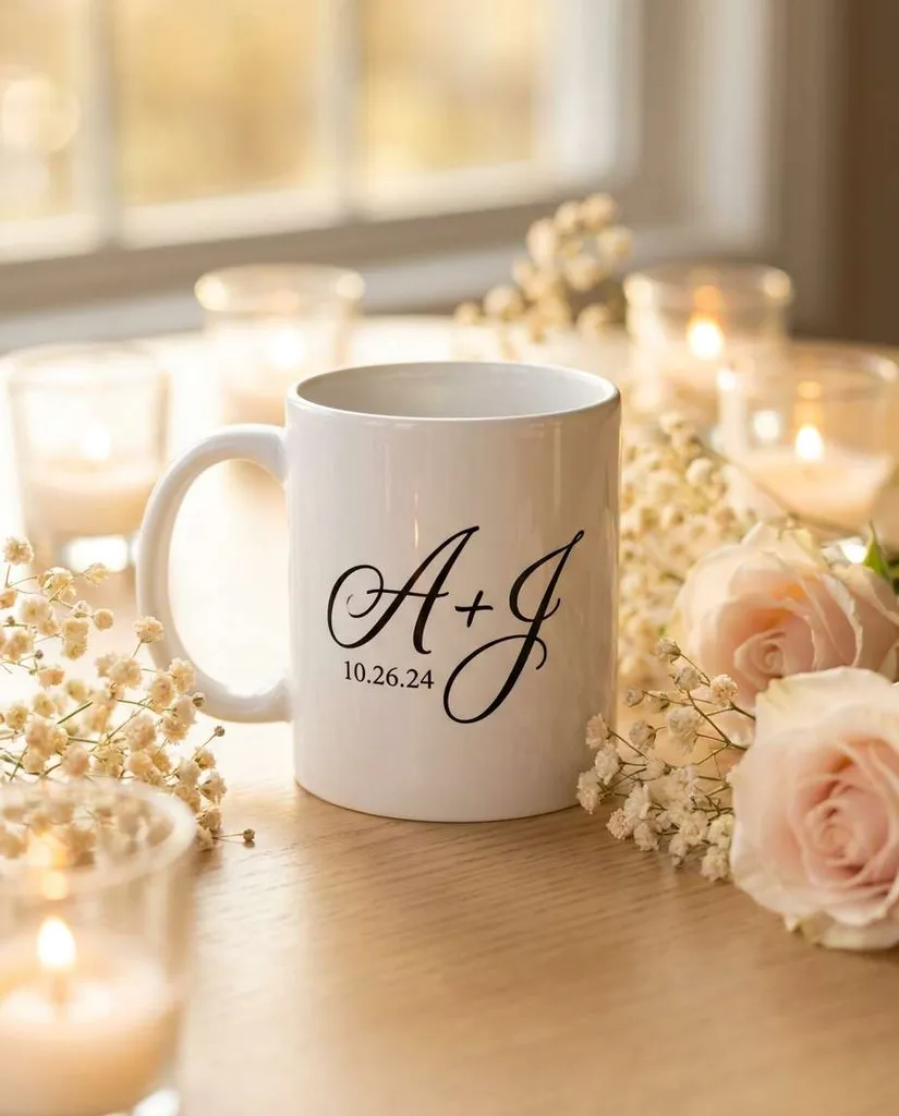 Wedding Favor Initials AI portrait example — Gemini AI Mug Design prompts